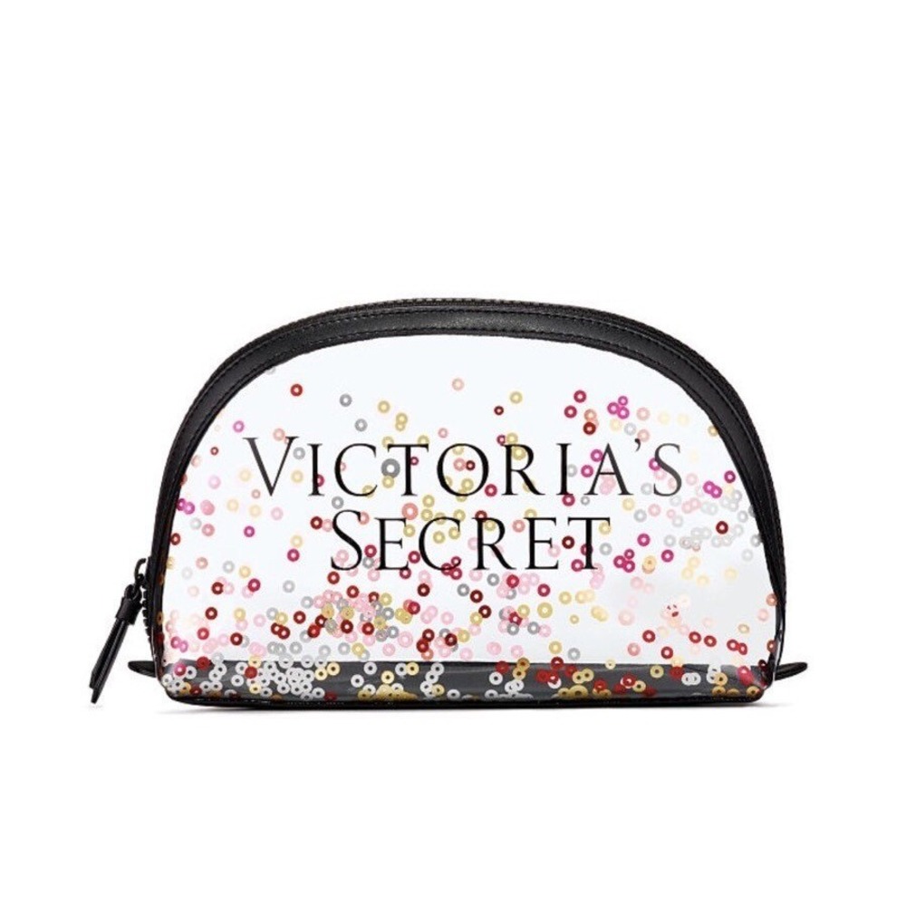 Victoria's Secret Cosmetic Bag Women Small Clear Excellent Confetti Sequin Zip